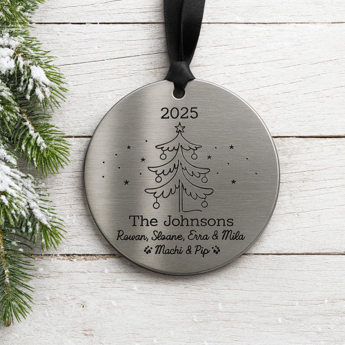 Personalized Family & Pet Ornament • Metal Christmas Tree Ornament • Custom Stainless Steel Holiday 
