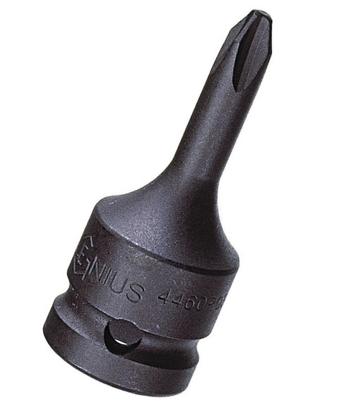 <ul><li>Phillips IMPACT BIT SOCKET - #1 Phillips Bit Socket</li><li>SPECIFICATIONS - 3/8" Inch Drive Size with an overall length of 60mm (or 2.36 Inches)</li><li>DURABLE MATERIALS - Made from Chromium Molybdenum Alloy Steel for high strength and durability while having anti-corrosive properties</li><li>TOOL ORGANIZATION - Sizes are stamped for permanent and easy identification of size</li><li>SUPERIOR DESIGN - Heat treated through oil quenching with a matte black oxide coating which creates a tough durable exterior and superior inner core strength for a lifetime of professional use for our Phillips Impact Bit Sockets</li><li>PEACE OF MIND - Purchase with confidence backed by the Genius Tools Limited Lifetime Warranty against manufacturer defects</li><li>ANSI STANDARDS - Meets or exceeds the standards established by the American National Standards Institute<li>PROFESSIONAL GRADE - Genius Tools are designed and made for use by professional technicians and built to perform over a lifetime of heavy use.  Trust Genius for a quality tool at a value cost to you.</ul> <p>Quality you can trust: Genius Tools impact sockets, impact bits and impact bit sockets are made for professionals and serious tool users. We offer bit sockets and impact bit sockets. One in chrome vanadium and one in chrome molybdenum. Our multi-step manufacturing process ensures that our tools meet ANSI specs.</p>
<p>Our bit sockets come in drive sizes between ¼” to ½” and out impact bit sockets come in drive sizes between 3/8" and 1". All of our bit sockets come in multiple lengths and multiple tip configurations.</p>