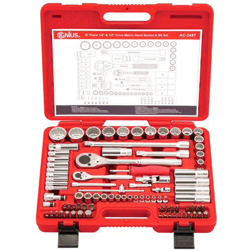 <ul><li>METRIC MASTER SET - 87 Piece 1/4" & 1/2" Dr. Metric Master Tool Set - AC-2487</li><li>PEACE OF MIND - Purchase with confidence backed by the Genius Tools Limited Lifetime Warranty against manufacturer defects</li><li>DURABLE MATERIALS - Made from Chromium-vanadium Steel Alloy for high strength and durability while having anti-corrosive properties</li><li>ANSI STANDARDS - Meets or exceeds the standards established by the American National Standards Institute</li><li>PROFESSIONAL GRADE - Genius Tools are designed and made for use by professional technicians and built to perform over a lifetime of heavy use.  Trust Genius for a quality tool at a value cost to you.</li><li>ADDITIONAL DETAILS - Please scroll down to see additional information and included pieces in the description area below.</li></ul> <p>Includes:<br />1/2" Dr. 12pt Deep Hand Socket <br />437814 14mm Deep Hand Socket <br />437816 16mm Deep Hand Socket <br />437817 17mm Deep Hand Socket <br />437819 19mm Deep Hand Socket <br /><br />1/4" Dr. 12pt Hand Socket <br />433810 10mm Hand Socket <br />433813 13mm Hand Socket <br />433815 15mm Hand Socket <br />433816 16mm Hand Socket <br />433817 17mm Hand Socket <br />433818 18mm Hand Socket <br />433819 19mm Hand Socket <br />433820 20mm Hand Socket <br />433821 21mm Hand Socket <br />433822 22mm Hand Socket <br />433823 23mm Hand Socket <br />433824 24mm Hand Socket <br />433827 27mm Hand Socket <br />433830 30mm Hand Socket <br />433832 32mm Hand Socket <br /><br />1/4" Dr. 6pt Deep Hand Socket <br />225206 6mm Deep Hand Socket <br />225207 7mm Deep Hand Socket <br />225208 8mm Deep Hand Socket <br />225209 9mm Deep Hand Socket <br />225210 10mm Deep Hand Socket <br />225211 11mm Deep Hand Socket <br />225212 12mm Deep Hand Socket <br />225213 13mm Deep Hand Socket <br /><br />1/4" Dr. 6pt Hand Socket <br />222503 3mm Hand Socket <br />222504 4mm Hand Socket <br />2225045 4.5mm Hand Socket <br />222505 5mm Hand Socket <br />2225055 5.5mm Hand Socket <br />222506 6mm Hand Socket <br />222507 7mm Hand Socket <br />222508 8mm Hand Socket <br />222509 9mm Hand Socket <br />222510 10mm Hand Socket <br />222511 11mm Hand Socket <br />222512 12mm Hand Socket<br />222513 13mm Hand Socket <br />222514 14mm Hand Socket <br /><br />1/4" Hex Shank Hex Screwdriver Bit 30mmL <br />2133 3mm Hex Bit <br />2134 4mm Hex Bit <br />2135 5mm Hex Bit <br />2136 6mm Hex Bit <br /><br />1/4" Hex Shank Philips Screwdriver Bit 30mmL <br />1101 #1 Philips Bit <br />1102 #2 Philips Bit <br /><br />1/4" Hex Shank Posidriv Screwdriver Bit 30mmL <br />253001 #1 Posidriv Bit <br />253002 #2 Posidriv Bit <br /><br />1/4" Hex Shank Slotted Screwdriver Bit 30mmL <br />1140 0.6 x 4.0mm Slotted Bit <br />1155 0.8 x 5.5mm Slotted Bit <br />1170 1.2 x 6.5mm Slotted Bit <br /><br />1/4" Hex Shank Tamperproof Star Screwdriver Bit 30mmL <br />7108 T-8 Tamperproof Star Bit <br />7110 T-10 Tamperproof Star Bit <br />7115 T-15 Tamperproof Star Bit <br />7120 T-20 Tamperproof Star Bit <br />7125 T-25 Tamperproof Star Bit <br />7130 T-30 Tamperproof Star Bit <br /><br />5/16" Hex Shank Hex Screwdriver Bit 30mmL <br />2148 8mm Hex Bit <br />2930100 10mm Hex Bit <br />2930120 12mm Hex Bit <br />2930140 14mm Hex Bit <br /><br />5/16" Hex Shank Philips Screwdriver Bit 30mmL <br />1123 #3 Philips Bit <br />1124 #4 Philips Bit <br /><br />5/16" Hex Shank Posidriv Screwdriver Bit 30mmL <br />273203 #3 Posidriv Bit <br />273204 #4 Posidriv Bit <br /><br />5/16" Hex Shank Slotted Screwdriver Bit 30mmL <br />1290 1.6 x 8.0mm Slotted Bit <br />2130100 1.6 x 10.0mm Slotted Bit <br />2130120 2.0 x 12.0mm Slotted Bit <br /><br />5/16" Hex Shank Star Screwdriver Bit 30mmL <br />6240 T-40 Star Bit <br />6245 T-45 Star Bit <br />6250 T-50 Star Bit <br />223055 T-55 Star Bit <br /><br />Accessory <br />220002 1/4" Dr. Extension Bar 50mmL <br />220004 1/4" Dr. Extension Bar 100mmL <br />220150 1/4" Dr. Bit Extension Bar <br />280020 1/4" Dr. Sliding T-Handle <br />280070 1/4" Dr. Universal Joint <br />280222R 1/4" Dr. Reversible Ratchet <br />282408 1/4" Dr. 1/4" Hex Shank Bit Holder <br />424125 1/2" Dr. Extension Bar 125mmL <br />424320 1/2" Dr. Extension Bar 250mmL <br />427016 1/2" Dr. Spark Plug Socket 16mm (5/8") <br />427021 1/2" Dr. Spark Plug Socket 20.6mm (13/16") <br />480070 1/2" Dr. Universal Joint <br />480444R 1/2" Dr. Reversible Ratchet <br />484810 1/2" Dr. 5/16" Hex Shank Bit Holder <br />Blow Case</p>