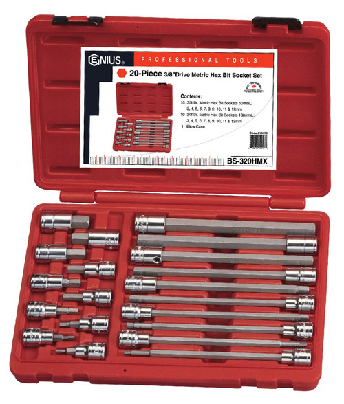 GENIUS TOOLS BS-320HMX 20PC 318" Dr. Metric Long Hex Bit Socket Set