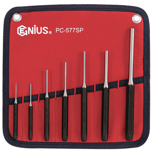 <ul><li>SAE PIN PUNCH SET - 7pc SAE Pin Punch Set PC-577SP</li><li>PEACE OF MIND - Purchase with confidence backed by the Genius Tools Limited Lifetime Warranty against manufacturer defects</li><li>DURABLE MATERIALS - Made from Chromium Molybdenum Alloy Steel for high strength and durability while having anti-corrosive properties</li><li>ANSI STANDARDS - Meets or exceeds the standards established by the American National Standards Institute</li><li>PROFESSIONAL GRADE - Genius Tools are designed and made for use by professional technicians and built to perform over a lifetime of heavy use.  Trust Genius for a quality tool at a value cost to you.</li><li>ADDITIONAL DETAILS - Please scroll down to see additional information and included pieces in the description area below.</li></ul> <p><span>Includes:</span><br /><span>Pin Punch&nbsp;</span><br /><span>566102 1/16" Pin Punch 100mmL&nbsp;</span><br /><span>566103 3/32" Pin Punch 100mmL&nbsp;</span><br /><span>566124 1/8" Pin Punch 125mmL&nbsp;</span><br /><span>566145 5/32" Pin Punch 140mmL&nbsp;</span><br /><span>566166 3/16" Pin Punch 160mmL&nbsp;</span><br /><span>566168 1/4" Pin Punch 160mmL&nbsp;</span><br /><span>566210 5/16" Pin Punch 200mmL&nbsp;</span><br /><span>Kit Bag</span></p>