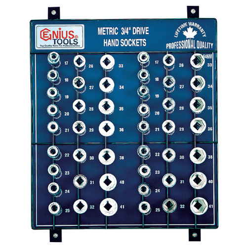 <ul><li>DISPLAY BOARD - 46 Piece 3/4" Dr. Metric Hand Socket Display Board - SW-646M</li><li>DURABLE MATERIALS - Made from Chromium-vanadium Steel Alloy for high strength and durability while having anti-corrosive properties</li><li>TOOL ORGANIZATION - Sizes are labeled on the board and stamped for permanent and easy identification of size</li><li>SUPERIOR DESIGN - Forged and heat treated for optimal strength and durability </li><li>PEACE OF MIND - Purchase with confidence backed by the Genius Tools Limited Lifetime Warranty against manufacturer defects</li><li>ANSI STANDARDS - Meets or exceeds the standards established by the American National Standards Institute</li><li>PROFESSIONAL GRADE - Genius Tools are designed and made for use by professional technicians and built to perform over a lifetime of heavy use.</li></ul> <div class="col-md-12 col-sm-12 allpadding bglightplusplus">
<div class="col-md-6 col-sm-6 allpadding">
<table class="table bglightplusplus allmarging tablheit" style="width: 100%;">
<tbody>
<tr>
<td colspan="2"><strong>3/4" Dr. 12 pt. Hand Socket</strong></td>
</tr>
<tr class="anocolor">
<td width="22%"><strong>635217</strong></td>
<td width="78%">17mm Hand Socket</td>
</tr>
<tr class="anocolor">
<td width="22%"><strong>635218</strong></td>
<td width="78%">18mm Hand Socket</td>
</tr>
<tr class="anocolor">
<td width="22%"><strong>635219</strong></td>
<td width="78%">19mm Hand Socket</td>
</tr>
<tr class="anocolor">
<td width="22%"><strong>635220</strong></td>
<td width="78%">20mm Hand Socket</td>
</tr>
<tr class="anocolor">
<td width="22%"><strong>635221</strong></td>
<td width="78%">21mm Hand Socket</td>
</tr>
<tr class="anocolor">
<td width="22%"><strong>635222</strong></td>
<td width="78%">22mm Hand Socket</td>
</tr>
<tr class="anocolor">
<td width="22%"><strong>635223</strong></td>
<td width="78%">23mm Hand Socket</td>
</tr>
<tr class="anocolor">
<td width="22%"><strong>635224</strong></td>
<td width="78%">24mm Hand Socket</td>
</tr>
<tr class="anocolor">
<td width="22%"><strong>635225</strong></td>
<td width="78%">25mm Hand Socket</td>
</tr>
<tr class="anocolor">
<td width="22%"><strong>635226</strong></td>
<td width="78%">26mm Hand Socket</td>
</tr>
<tr class="anocolor">
<td width="22%"><strong>635227</strong></td>
<td width="78%">27mm Hand Socket</td>
</tr>
<tr class="anocolor">
<td width="22%"><strong>635228</strong></td>
<td width="78%">28mm Hand Socket</td>
</tr>
<tr class="anocolor">
<td width="22%"><strong>635229</strong></td>
<td width="78%">29mm Hand Socket</td>
</tr>
<tr class="anocolor">
<td width="22%"><strong>635230</strong></td>
<td width="78%">30mm Hand Socket</td>
</tr>
<tr class="anocolor">
<td width="22%"><strong>635231</strong></td>
<td width="78%">31mm Hand Socket</td>
</tr>
<tr class="anocolor">
<td width="22%"><strong>635232</strong></td>
<td width="78%">32mm Hand Socket</td>
</tr>
<tr class="anocolor">
<td width="22%"><strong>635233</strong></td>
<td width="78%">33mm Hand Socket</td>
</tr>
<tr class="anocolor">
<td width="22%"><strong>635234</strong></td>
<td width="78%">34mm Hand Socket</td>
</tr>
<tr class="anocolor">
<td width="22%"><strong>635235</strong></td>
<td width="78%">35mm Hand Socket</td>
</tr>
<tr class="anocolor">
<td width="22%"><strong>635236</strong></td>
<td width="78%">36mm Hand Socket</td>
</tr>
<tr class="anocolor">
<td width="22%"><strong>635238</strong></td>
<td width="78%">38mm Hand Socket</td>
</tr>
<tr class="anocolor">
<td width="22%"><strong>635240</strong></td>
<td width="78%">40mm Hand Socket</td>
</tr>
<tr class="anocolor">
<td width="22%"><strong>635241</strong></td>
<td width="78%">41mm Hand Socket</td>
</tr>
</tbody>
</table>
</div>
<div class="col-md-6 col-sm-6 allpadding">
<table class="table bglightplusplus allmarging tablheit" style="width: 100%;">
<tbody>
<tr class="bglightgrayplu hideheding"><th width="22%"><strong>Item No.</strong></th><th width="78%"><strong>Description</strong></th></tr>
<tr>
<td colspan="2"><strong>3/4" Dr. 6 pt. Hand Socket</strong></td>
</tr>
<tr class="anocolor">
<td width="22%"><strong>625217</strong></td>
<td width="78%">17mm Hand Socket</td>
</tr>
<tr class="anocolor">
<td width="22%"><strong>625218</strong></td>
<td width="78%">18mm Hand Socket</td>
</tr>
<tr class="anocolor">
<td width="22%"><strong>625219</strong></td>
<td width="78%">19mm Hand Socket</td>
</tr>
<tr class="anocolor">
<td width="22%"><strong>625220</strong></td>
<td width="78%">20mm Hand Socket</td>
</tr>
<tr class="anocolor">
<td width="22%"><strong>625221</strong></td>
<td width="78%">21mm Hand Socket</td>
</tr>
<tr class="anocolor">
<td width="22%"><strong>625222</strong></td>
<td width="78%">22mm Hand Socket</td>
</tr>
<tr class="anocolor">
<td width="22%"><strong>625223</strong></td>
<td width="78%">23mm Hand Socket</td>
</tr>
<tr class="anocolor">
<td width="22%"><strong>625224</strong></td>
<td width="78%">24mm Hand Socket</td>
</tr>
<tr class="anocolor">
<td width="22%"><strong>625225</strong></td>
<td width="78%">25mm Hand Socket</td>
</tr>
<tr class="anocolor">
<td width="22%"><strong>625226</strong></td>
<td width="78%">26mm Hand Socket</td>
</tr>
<tr class="anocolor">
<td width="22%"><strong>625227</strong></td>
<td width="78%">27mm Hand Socket</td>
</tr>
<tr class="anocolor">
<td width="22%"><strong>625228</strong></td>
<td width="78%">28mm Hand Socket</td>
</tr>
<tr class="anocolor">
<td width="22%"><strong>625229</strong></td>
<td width="78%">29mm Hand Socket</td>
</tr>
<tr class="anocolor">
<td width="22%"><strong>625230</strong></td>
<td width="78%">30mm Hand Socket</td>
</tr>
<tr class="anocolor">
<td width="22%"><strong>625231</strong></td>
<td width="78%">31mm Hand Socket</td>
</tr>
<tr class="anocolor">
<td width="22%"><strong>625232</strong></td>
<td width="78%">32mm Hand Socket</td>
</tr>
<tr class="anocolor">
<td width="22%"><strong>625233</strong></td>
<td width="78%">33mm Hand Socket</td>
</tr>
<tr class="anocolor">
<td width="22%"><strong>625234</strong></td>
<td width="78%">34mm Hand Socket</td>
</tr>
<tr class="anocolor">
<td width="22%"><strong>625235</strong></td>
<td width="78%">35mm Hand Socket</td>
</tr>
<tr class="anocolor">
<td width="22%"><strong>625236</strong></td>
<td width="78%">36mm Hand Socket</td>
</tr>
<tr class="anocolor">
<td width="22%"><strong>625238</strong></td>
<td width="78%">38mm Hand Socket</td>
</tr>
<tr class="anocolor">
<td width="22%"><strong>625240</strong></td>
<td width="78%">40mm Hand Socket</td>
</tr>
<tr class="anocolor">
<td width="22%"><strong>625241</strong></td>
<td width="78%">41mm Hand Socket</td>
</tr>
<tr>
<td colspan="2"><strong>Display Board</strong></td>
</tr>
</tbody>
</table>
</div>
</div>
<div class="divider"> </div>
<div class="col-md-12 col-sm-12 table-responsive allpadding margin-top20">
<table class="table text-center bglightplusplus">
<tbody>
<tr class="bglightgrayplu">
<td>Item No.</td>
<td> </td>
<td>Weight<br />G</td>
<td>PCS </td>
<td>G.W. <br />kgs.</td>
<td>CUFT </td>
<td>Code <br />@</td>
<td> </td>
</tr>
<tr class="anocolor  detaltabl">
<td><strong>SW-646M</strong></td>
<td> </td>
<td class="td">18500</td>
<td>1</td>
<td>23.0</td>
<td>2.74</td>
<td>043970</td>
<td>
<div class="wrapperBox">
<div class="qtytext"><input id="7618_qty" class="form-control resultinpur btybox" type="text" name="7618_qty" /></div>
</div>
</td>
</tr>
</tbody>
</table>
</div>