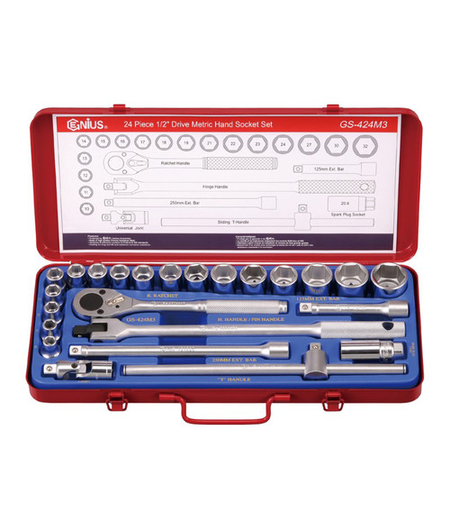 Genius Tools 24PC 1/2" Dr. Metric Hand Socket Set - GS-424M3