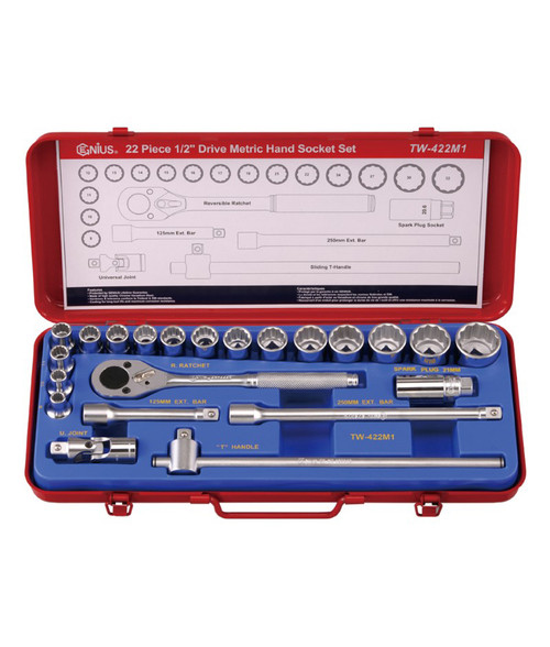 Genius Tools 22PC 1/2" Dr. Metric Hand socket set - TW-422M1