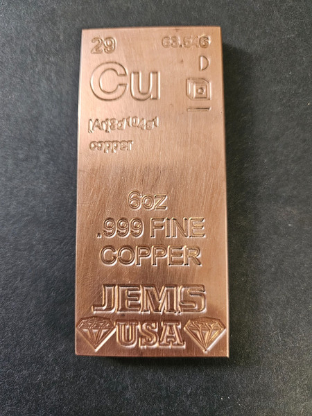 JEMS 6 oz Copper Bullion Bar Element .999 Fine Made in USA