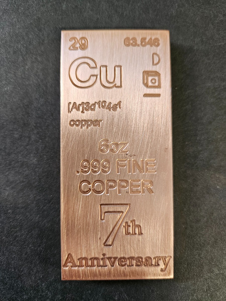 7th Anniversary 6 oz Copper Bullion Bar Element .999 Fine Made in USA