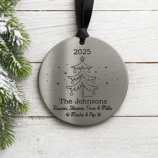 Personalized Family & Pet Ornament • Metal Christmas Tree Ornament • Custom Stainless Steel Holiday 