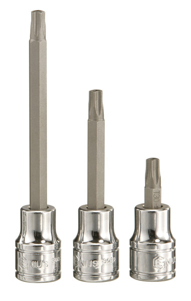 <ul><li>BIT SOCKET - 3/8" Dr. T-20 Pentacle Bit Socket 110mmL</li><li>SPECIFICATION - Overall length of 110mm (or 4.33 Inches)</li><li>DURABLE MATERIALS - Made from High Speed Steel for high strength and durability while having anti-corrosive properties</li><li>TOOL ORGANIZATION - Sizes are stamped for permanent and easy identification of size</li><li>RELIABLE AND EFFECTIVE - Our Bit Sockets are securely attached, interchangeable, and are built to handle the rigorous needs of professional technicians.</li><li>PEACE OF MIND - Purchase with confidence backed by the Genius Tools Limited Lifetime Warranty against manufacturer defects</li><li>ANSI STANDARDS - Meets or exceeds the standards established by the American National Standards Institute</li><li>PROFESSIONAL GRADE - Genius Tools are designed and made for use by professional technicians and built to perform over a lifetime of heavy use.</li></ul> Genius Tools Bit Sockets are designed for maximum life and performance.  Using only the highest quality materials, our Bit Sockets are made from industry leading Chrome Vanadium or Chrome Molybdenum steel and are heat treated for maximum strength.  <br /> <br />
To guarantee the highest level of quality, we maintain strict production standards.  From raw material inspection, production control, quality and function <ul><li>BIT SOCKET - 3/8" Dr. T-20 Pentacle Bit Socket 110mmL</li><li>SPECIFICATION - Overall length of 110mm (or 4.33 Inches)</li><li>DURABLE MATERIALS - Made from High Speed Steel for high strength and durability while having anti-corrosive properties</li><li>TOOL ORGANIZATION - Sizes are stamped for permanent and easy identification of size</li><li>RELIABLE AND EFFECTIVE - Our Bit Sockets are securely attached, interchangeable, and are built to handle the rigorous needs of professional technicians.</li><li>PEACE OF MIND - Purchase with confidence backed by the Genius Tools Limited Lifetime Warranty against manufacturer defects</li><li>ANSI STANDARDS - Meets or exceeds the standards established by the American National Standards Institute</li><li>PROFESSIONAL GRADE - Genius Tools are designed and made for use by professional technicians and built to perform over a lifetime of heavy use.</li></ul> Genius Tools Bit Sockets are designed for maximum life and performance.  Using only the highest quality materials, our Bit Sockets are made from industry leading Chrome Vanadium or Chrome Molybdenum steel and are heat treated for maximum strength.  <br /> <br />
To guarantee the highest level of quality, we maintain strict production standards.  From raw material inspection, production control, quality and function