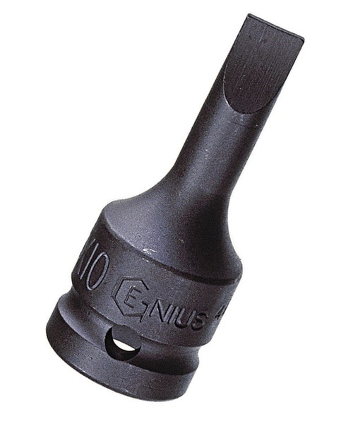 <ul><li>SLOTTED IMPACT BIT SOCKET - 2.0 x 12.0mm Slotted Bit Socket</li><li>SPECIFICATIONS - 1/2" Inch Drive Size with an overall length of 76mm (or 2.99 Inches)</li><li>DURABLE MATERIALS - Made from Chromium Molybdenum Alloy Steel for high strength and durability while having anti-corrosive properties</li><li>TOOL ORGANIZATION - Sizes are stamped for permanent and easy identification of size</li><li>SUPERIOR DESIGN - Heat treated through oil quenching with a matte black oxide coating which creates a tough durable exterior and superior inner core strength for a lifetime of professional use for our slotted / standard impact bit sockets</li><li>PEACE OF MIND - Purchase with confidence backed by the Genius Tools Limited Lifetime Warranty against manufacturer defects</li><li>ANSI STANDARDS - Meets or exceeds the standards established by the American National Standards Institute<li>PROFESSIONAL GRADE - Genius Tools are designed and made for use by professional technicians and built to perform over a lifetime of heavy use.  Trust Genius for a quality tool at a value cost to you.</ul> <p>Quality you can trust: Genius Tools impact sockets, impact bits and impact bit sockets are made for professionals and serious tool users. We offer bit sockets and impact bit sockets. One in chrome vanadium and one in chrome molybdenum. Our multi-step manufacturing process ensures that our tools meet ANSI specs.</p>
<p>Our bit sockets come in drive sizes between ¼” to ½” and out impact bit sockets come in drive sizes between 3/8" and 1". All of our bit sockets come in multiple lengths and multiple tip configurations.</p>