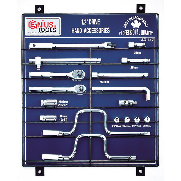 <ul><li>DISPLAY BOARD - 17 Piece 1/2" Dr. Hand Accessory Display Board - AC-417</li><li>DURABLE MATERIALS - Made from Chromium-vanadium Steel Alloy for high strength and durability while having anti-corrosive properties</li><li>TOOL ORGANIZATION - Sizes are labeled on the board and stamped for permanent and easy identification of size</li><li>SUPERIOR DESIGN - Forged and heat treated for optimal strength and durability </li><li>PEACE OF MIND - Purchase with confidence backed by the Genius Tools Limited Lifetime Warranty against manufacturer defects</li><li>ANSI STANDARDS - Meets or exceeds the standards established by the American National Standards Institute</li><li>PROFESSIONAL GRADE - Genius Tools are designed and made for use by professional technicians and built to perform over a lifetime of heavy use.</li></ul> <ul class="table-ul clearfix">
<li class=" single_listing">
<div class="col-xs-12"><strong>1/2" Dr. Accessory</strong></div>
<div class="col-xs-6">480446A Hinge Handle 380mmL</div>
<div class="col-xs-6">480040 T Handle 320mmL</div>
<div class="col-xs-6">480444R Reversible Ratchet Handle</div>
<div class="col-xs-6">480431R Reversible Ratchet Handle</div>
<div class="col-xs-6">427021 20.6mm Spark Plug Socket</div>
<div class="col-xs-6">427016 16mm Spark Plug Socket</div>
<div class="col-xs-6">480490 Speed Handle 490mmL</div>
<div class="col-xs-6">480420 Speed Handle 420mmL</div>
<div class="col-xs-6">424075 Extension Bar 75mmL</div>
<div class="col-xs-6">424125 Extension Bar 125mmL</div>
<div class="col-xs-6">424320 Extension Bar 250mmL</div>
<div class="col-xs-6">420260L L-Type Handle 260mmL</div>
<div class="col-xs-6">480070 Universal Joint</div>
<div class="col-xs-6">484810 5/16" Bit Holder 48mmL</div>
<div class="col-xs-6">484808 1/4" Bit Holder 48mmL</div>
<div class="col-xs-6">484110 5/16" Bit Holder 41mmL</div>
<div class="col-xs-6">484108 1/4" Bit Holder 41mmL</div>
</li>
</ul>