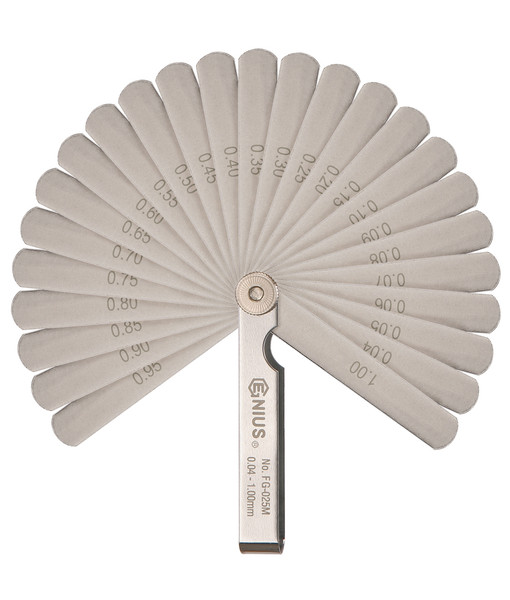 <ul><li>25 Blades Metric Feeler Gauge Set (0.04~1.00mm)</li><li>SPECIFICATIONS – Steel frame with Flexible Steel blades</li><li>SIZES – Each blade is etched in sizing for ease of use</li><li>FITMENT – Perfect size to throw in the toolbox or pockets</li><li>PEACE OF MIND - Purchase with confidence backed by the Genius Tools Limited Lifetime Warranty against manufacturer defects</li><li>ANSI STANDARDS - Meets or exceeds the standards established by the American National Standards Institute</li><li>PROFESSIONAL GRADE - Genius Tools are designed and made for use by professional technicians and built to perform over a lifetime of heavy use.  Trust Genius for a quality tool at a value cost to you.</ul> 0.04 - 0.05 - 0.06 - 0.07 - 0.08 - 0.09 - <br>0.10 - 0.15 - 0.20 - 0.25 - 0.30 - 0.35 - <br>0.40 - 0.45 - 0.50 - 0.55 - 0.60 - 0.65 - <br>0.70 - 0.75 - 0.80 - 0.85 - 0.90 - 0.95 - <br>1.00mm