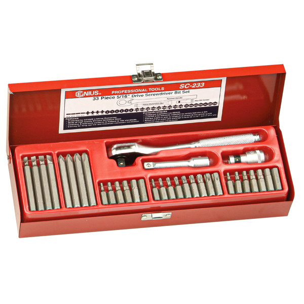 <ul><li>HEX SHANK SCREWDRIVER BIT SET - 33 Piece 5/16" Hex Shank Screwdriver Bit Set - SC-233</li><li>ORGANIZED TOOLS - Hard stamped sizes for easy, permanent identification that will not rub off&nbsp; &nbsp;</li><li>CONVENIENT - Socket holder included for secure tool storage and easy arrangement&nbsp;</li><li>DURABLE MATERIALS - Made from High-Speed Steel for high strength and durability while having anti-corrosive properties</li><li>PEACE OF MIND - Purchase with confidence backed by the Genius Tools Limited Lifetime Warranty against manufacturer defects</li><li>ANSI STANDARDS - Meets or exceeds the standards established by the American National Standards Institute</li><li>PROFESSIONAL GRADE - Genius Tools are designed and made for use by professional technicians and built to perform over a lifetime of heavy use. Trust Genius for a quality tool at a value cost to you.</li><li>ADDITIONAL DETAILS - Please scroll down to see additional information and included pieces in the description area below.</li></ul> <p><span>Includes:</span></p>
<table style="width: 100%;" cellspacing="0">
<tbody>
<tr>
<td valign="top"><span class="itemfont">6 Metric Hex Bits: 3,4,5,6,7,8mm(30mmL)</span></td>
</tr>
<tr>
<td valign="top"><span class="itemfont">7 SAE Hex Bits: 1/8,5/32,3/16,7/32,1/4,9/32,5/16"(30mmL)</span></td>
</tr>
<tr>
<td valign="top"><span class="itemfont">9 Star Bits: T10,15,20,25,27,30,40,45,50(30mmL)</span></td>
</tr>
<tr>
<td valign="top"><span class="itemfont">4 Slotted Bits: 5,5.5,6,7mm(72mmL)</span></td>
</tr>
<tr>
<td valign="top"><span class="itemfont">4 Philips Bits: #1,2,3,4(72mmL)</span></td>
</tr>
<tr>
<td valign="top"><span class="itemfont">6 Metric Hex Bits: 3,4,5,6,7,8mm(30mmL)</span></td>
</tr>
</tbody>
</table>