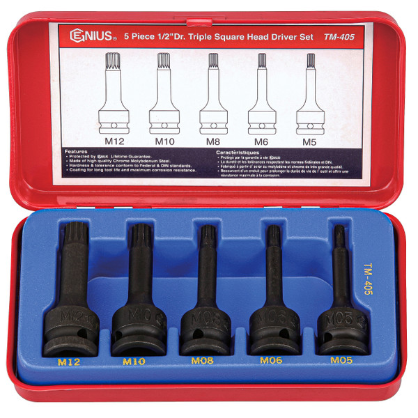 <ul>
<li>BIT SOCKET SET - 5pc 1/2" Drive Triple Square Impact Bit Socket Set (CR-Mo) TM-405</li>
<li>CONVENIENT - Comes in a durable metal case for secure storage and transportation. Slots are labeled for easy organization.</li>
<li>ORGANIZED TOOLS - Hard stamped sizes for easy, permanent identification that will not rub off</li>
<li>DURABLE MATERIALS - Made from Chrome Molybdenum Steel for high strength and durability while having anti-corrosive properties</li>
<li>PEACE OF MIND - Purchase with confidence backed by the Genius Tools Limited Lifetime Warranty against manufacturer defects</li>
<li>ANSI STANDARDS - Meets or exceeds the standards established by the American National Standards Institute</li>
<li>PROFESSIONAL GRADE - Genius Tools are designed and made for use by professional technicians and built to perform over a lifetime of heavy use. Trust Genius for a quality tool at a value cost to you.</li>
<li>ADDITIONAL DETAILS - Please scroll down to see additional information and included pieces in the description area below.</li>
</ul> <p><span>Includes:</span><br /><span>1/2" Dr. Triple Square Head Driver&nbsp;</span><br /><span>4476T05 M05 Triple Square Head Driver&nbsp;</span><br /><span>4476T06 M06 Triple Square Head Driver&nbsp;</span><br /><span>4476T08 M08 Triple Square Head Driver&nbsp;</span><br /><span>4476T10 M10 Triple Square Head Driver&nbsp;</span><br /><span>4476T12 M12 Triple Square Head Driver&nbsp;</span><br /><span>Metal Box</span></p>