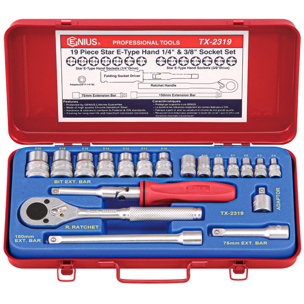 <ul>
<li>STAR HAND SOCKET SET - 19pc 1/4" &amp; 3/8" Dr. Star Hand Socket Set TX-2319</li>
<li>PEACE OF MIND - Purchase with confidence backed by the Genius Tools Limited Lifetime Warranty against manufacturer defects</li>
<li>DURABLE MATERIALS - Made from Chromium-vanadium Steel Alloy for high strength and durability while having anti-corrosive properties</li>
<li>ANSI STANDARDS - Meets or exceeds the standards established by the American National Standards Institute</li>
<li>PROFESSIONAL GRADE - Genius Tools are designed and made for use by professional technicians and built to perform over a lifetime of heavy use. Trust Genius for a quality tool at a value cost to you.</li>
<li>ADDITIONAL DETAILS - Please scroll down to see additional information and included pieces in the description area below.</li>
</ul> <p><span>Includes:</span><br /><span>1/4" Dr. Star Hand Socket&nbsp;</span><br /><span>252504 E-4 Star Hand Socket&nbsp;</span><br /><span>252505 E-5 Star Hand Socket&nbsp;</span><br /><span>252506 E-6 Star Hand Socket&nbsp;</span><br /><span>252507 E-7 Star Hand Socket&nbsp;</span><br /><span>252508 E-8 Star Hand Socket&nbsp;</span><br /><span>252510 E-10 Star Hand Socket&nbsp;</span><br /><span>252511 E-11 Star Hand Socket&nbsp;</span><br /><br /><span>3/8" Dr. Star Hand Socket&nbsp;</span><br /><span>353510 E-10 Star Hand Socket&nbsp;</span><br /><span>353511 E-11 Star Hand Socket&nbsp;</span><br /><span>353512 E-12 Star Hand Socket&nbsp;</span><br /><span>353514 E-14 Star Hand Socket&nbsp;</span><br /><span>353516 E-16 Star Hand Socket&nbsp;</span><br /><span>353518 E-18 Star Hand Socket&nbsp;</span><br /><span>353520 E-20 Star Hand Socket&nbsp;</span><br /><br /><span>Accessory&nbsp;</span><br /><span>220160 1/4" Dr. Folding Socket Driver&nbsp;</span><br /><span>320020 3/8" Dr. Adapter 3/8"F x 1/4"M&nbsp;</span><br /><span>320075 3/8" Dr. Extension Bar 75mmL&nbsp;</span><br /><span>320150 3/8" Dr. Extension Bar 150mmL&nbsp;</span><br /><span>380333R 3/8" Dr. Reversible Ratchet Handle&nbsp;</span><br /><span>Metal Box</span></p>