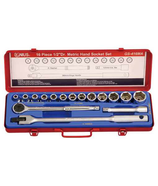 Genius Tools 16PC 1/2" Dr. Metric Hand Socket Set - GS-416MA