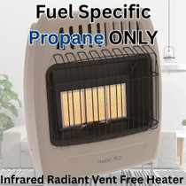 image of Comfort Glow 18,000 BTU infrared radiant vent free heater, propane, noting this model is fuel specific and runs on propane only