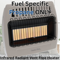 image of Comfort Glow 30,000 BTU infrared radiant vent free heater, propane, noting this model is fuel specific and runs on propane only
