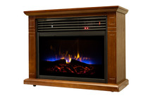 RIGHT ANGLE VIEW OF ELECTRIC FIREPLACE WITH FLAMES ON