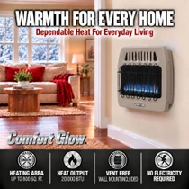 lifestyle image of comfort glow 20,000 btu blue flame vent free heater dual fuel propane or natural gas