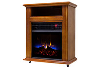 LEFT ANGLE VIEW OF FRENCH WALNUT ELECTRIC FIREPLACE GLOWING
