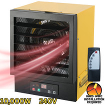 front left angled image of 240 volt hard-wire electric heater showing 10000 Watt, 240 Volt, hardwired installation required image and remote control image