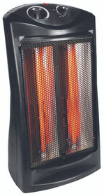 FRONT VIEW OF BLACK QUARTZ TOWER HEATER WITH BULBS GLOWING