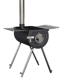 front view of Comfort Gear 14" Outfitter Camp Stove  Heavy-Duty Lightweight Steel, Fits 13" Logs, L Cooking Surface, Drying Rack, Adjustable Damper front view of Comfort Gear 14" Outfitter Camp Stove  Heavy-Duty Lightweight Steel, Fits 13" Logs, L Cooking Surface, Drying Rack, Adjustable Damper