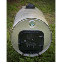 front view of barrel with front door, 2 legs, flue collar & damper installed