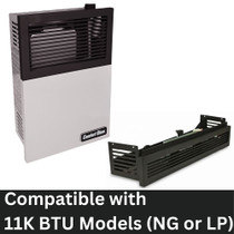 image of 11,000 BTU Direct Vent Heater and Blower Attachment with a note saying it is compatible with 11K BTU Models that run on either natural gas or liquid propane