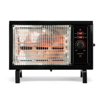 front facing black electric square radiant heater glowing