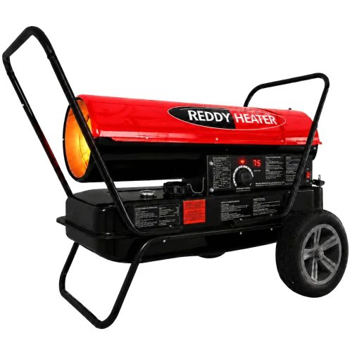 front angled image of 135,000 btu Reddy Heater kerosene forced air heater turned on