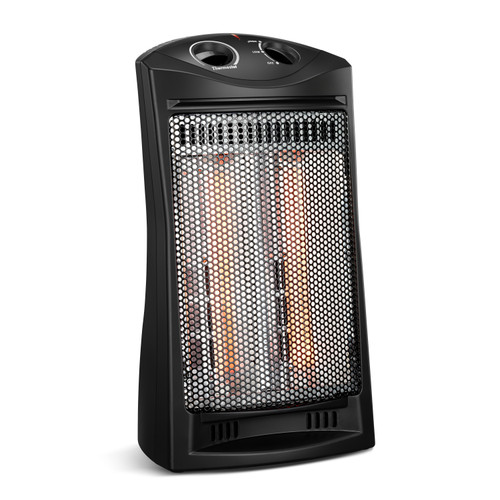 FRONT VIEW OF BLACK QUARTZ TOWER HEATER WITH BULBS ON FRONT VIEW OF BLACK QUARTZ TOWER HEATER WITH BULBS ON