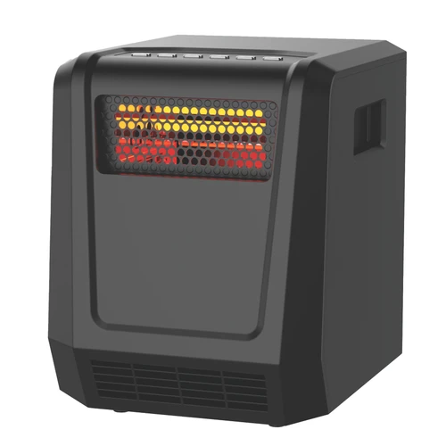 FRONT VIEW OF BLACK SQUARE HEATER WITH A GLOW COMING FROM INSIDE