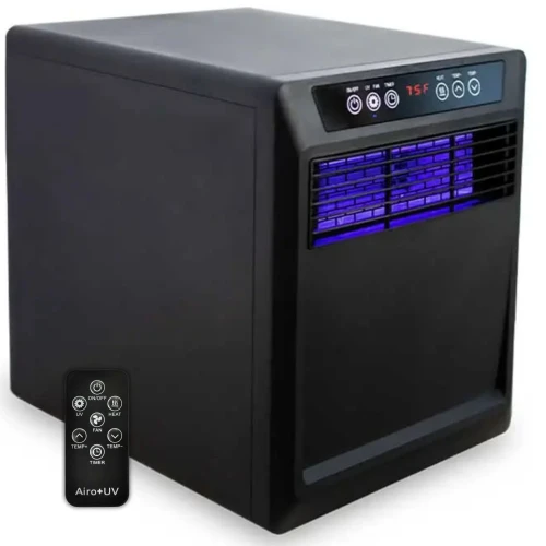 left angle view of black square heater and remote control