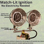 match lit ignition, no electricity required, image of double burner tank top heater turned off