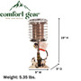 product dimensions image of a 360 degree tank top heater turned on