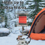 outdoor camping lifestyle image of a 360 degree tank top heater turned on with info of heats up to 800 sq ft area