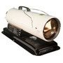 RIGHT ANGLE VIEW OF WHITE KEROSENE FORCED AIR HEATER WITH BLACK FUEL TANK AND CARRY HANDLE