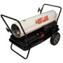 LEFT ANGLE VIEW OF WHITE KEROSENE FORCED AIR HEATER WITH HANDLE KIT AND FLAT FREE ALL SEASON TIRE