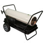 RIGHT ANGLE VIEW OF WHITE KEROSENE FORCED AIR HEATER WITH HANDLE KIT, CORD WRAP AND FLAT FREE ALL SEASON TIRES