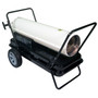 RIGHT ANGLE VIEW OF WHITE KEROSENE FORCED AIR HEATER WITH HANDLE KIT, CORD WRAP AND FLAT FREE ALL SEASON TIRE