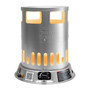 FRONT VIEW OF PROPANE CONVECTION HEATER GLOWING WITH CONTROL KNOB/IGNITER VISIBLE