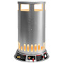 FRONT VIEW OF PROPANE CONVECTION HEATER GLOWING WITH BALL VALVE HANDLE, IGNITER AND GAS INLET VISIBLE