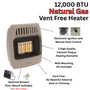 product features call out with close up images of Comfort Glow 12,000 BTU infrared radiant vent free heater, natural gas