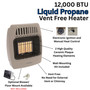 product features with close up images of Comfort Glow 12,000 BTU infrared radiant vent free heater, propane