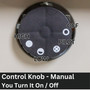 image of comfort glow 12,000 BTU featuring the control knob and noting it is manual and the user must turn the device on and off