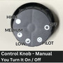 close up images of Comfort Glow 18,000 BTU manual control knob that the user must turn the device on and off