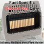 images of Comfort Glow 30,000 BTU infrared radiant vent free heater, natural gas, noting this model is fuel specific and runs on natural gas only