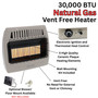 product features call out with close up images of Comfort Glow 30,000 BTU infrared radiant vent free heater, natural gas