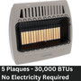 images of Comfort Glow 30,000 BTU infrared radiant vent free heater, natural gas, noting this model has 3 plaques and does not use electricity